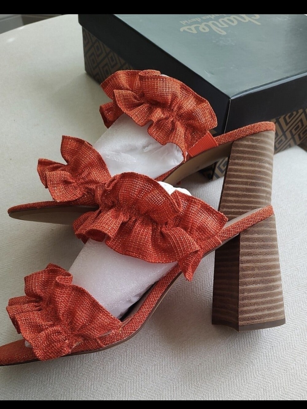 Charles Ruffled Orange Block Heel Sandals Heeld